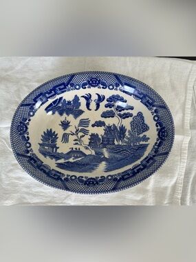 Vintage Blue Willow White Blue Japanese Transfer Ware Serving Ceramic Oval Tray